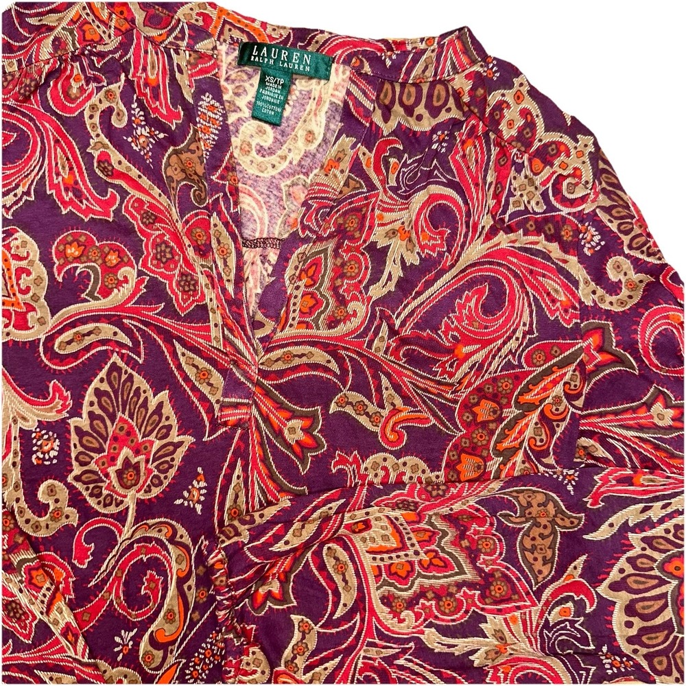 LRL Ralph Lauren Red Paisley V-Neck Cotton Long Sleeve Western Shirt Women's XS